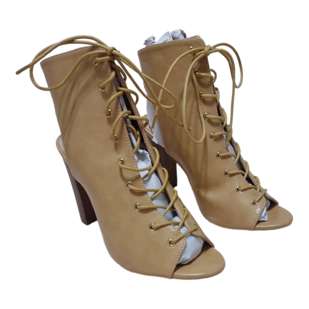 Liliana Mustard Yellow Lace-Up Peep Toe Block Heel Boots